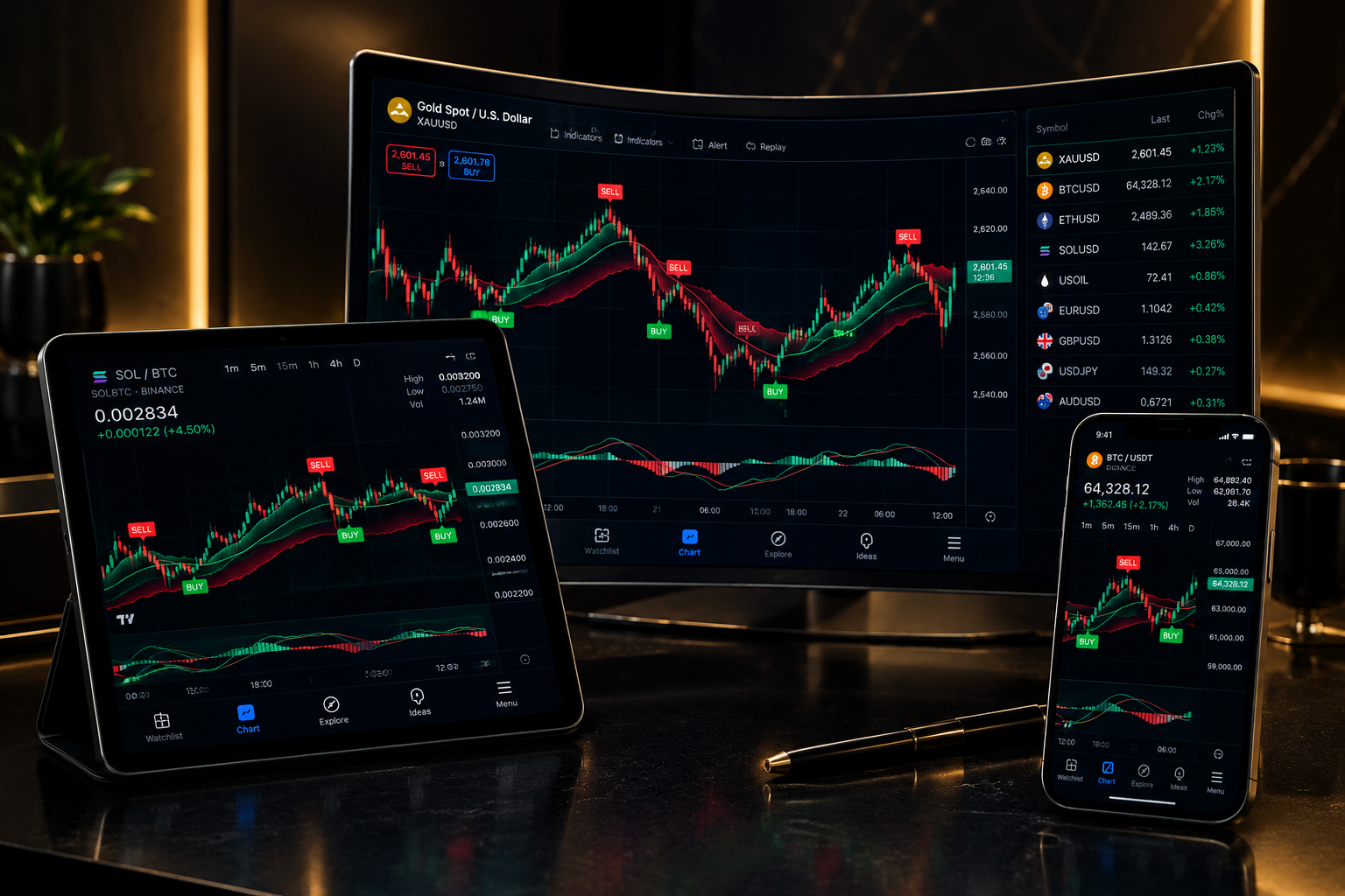 Luxury multi-device trading workstation running Alpha Algo Trading signals