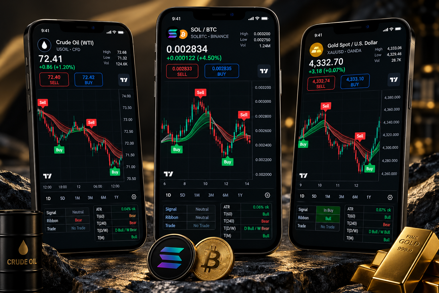 Alpha Algo Trading BUY / SELL signals on Crude Oil, SOL/BTC and Gold charts across three phones